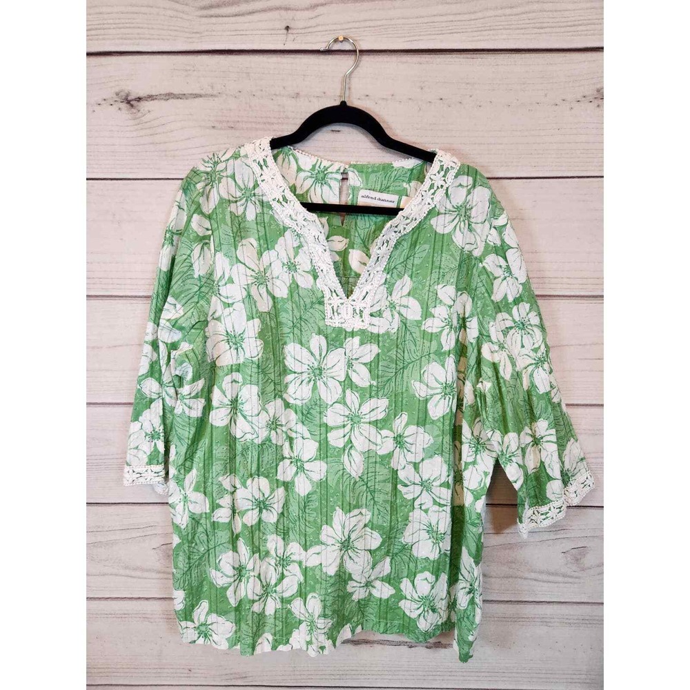 Alfred Dunner Women's Plus Size 22W Green Floral Print Tunic Top Lace‎ Trim